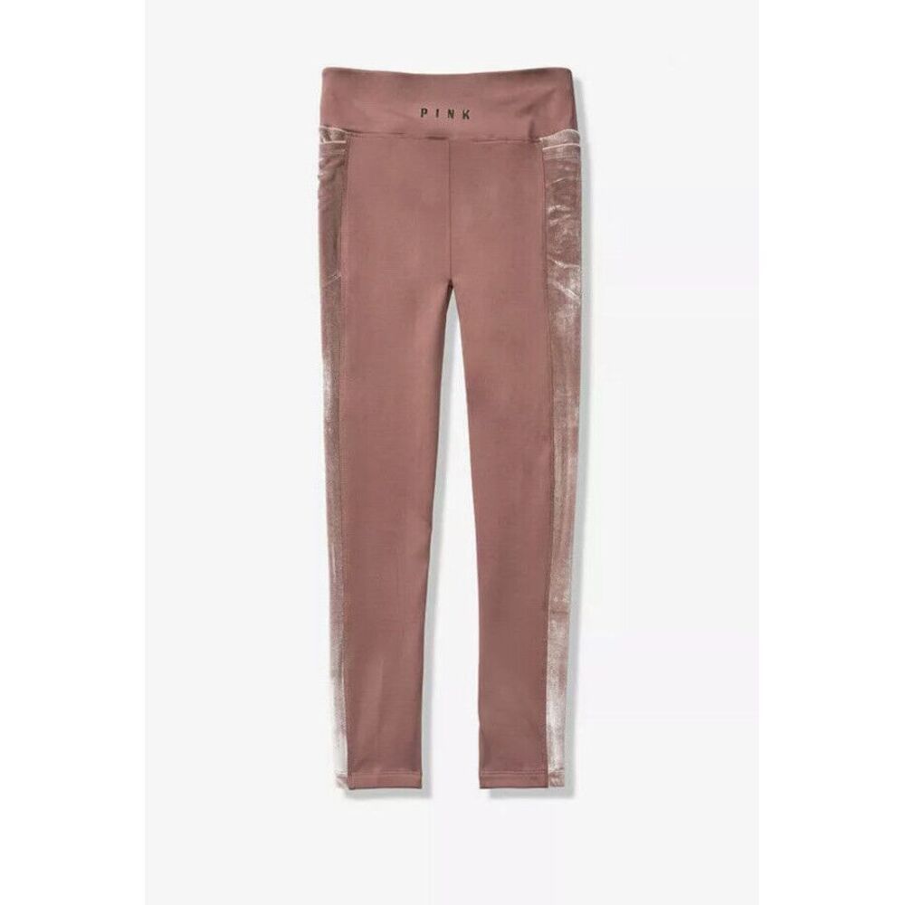 VICTORIA'S SECRET PINK High Waist Fleece Lined Velvet Trim Legging Sz L Cocoa